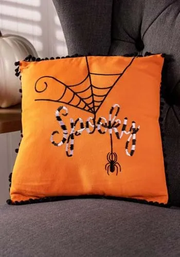 12" Orange Halloween Pillow w/ Black and White Embroidery