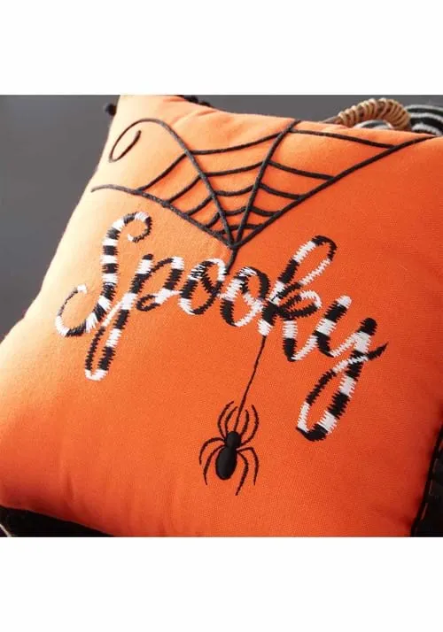 12" Orange Halloween Pillow w/ Black and White Embroidery