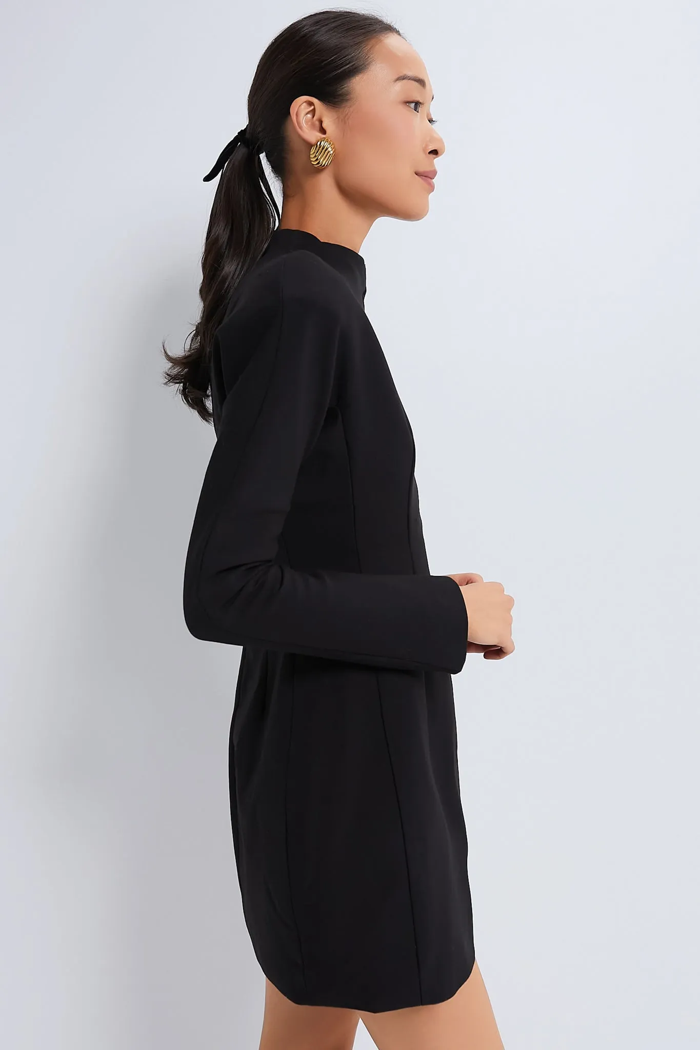 Black Wool Contoured Turtleneck Long Sleeve Mini Dress