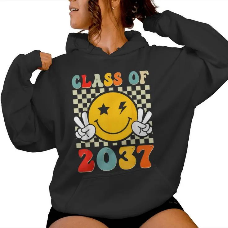 Class Of 2037 Grow With Me Retro Groovy First Day Of School Women Hoodie