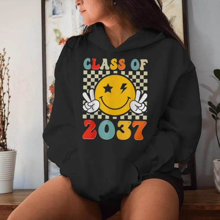 Class Of 2037 Grow With Me Retro Groovy First Day Of School Women Hoodie