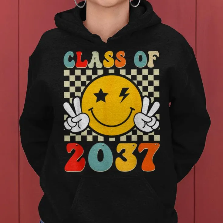 Class Of 2037 Grow With Me Retro Groovy First Day Of School Women Hoodie