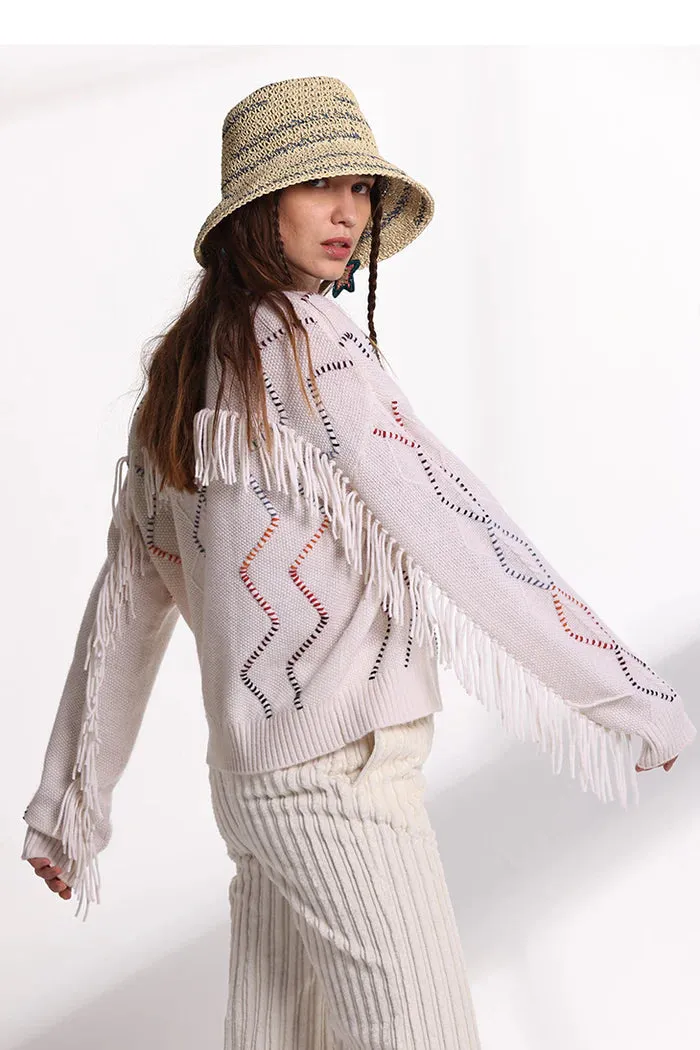 Corded Detail Fringe Pullover White Combo