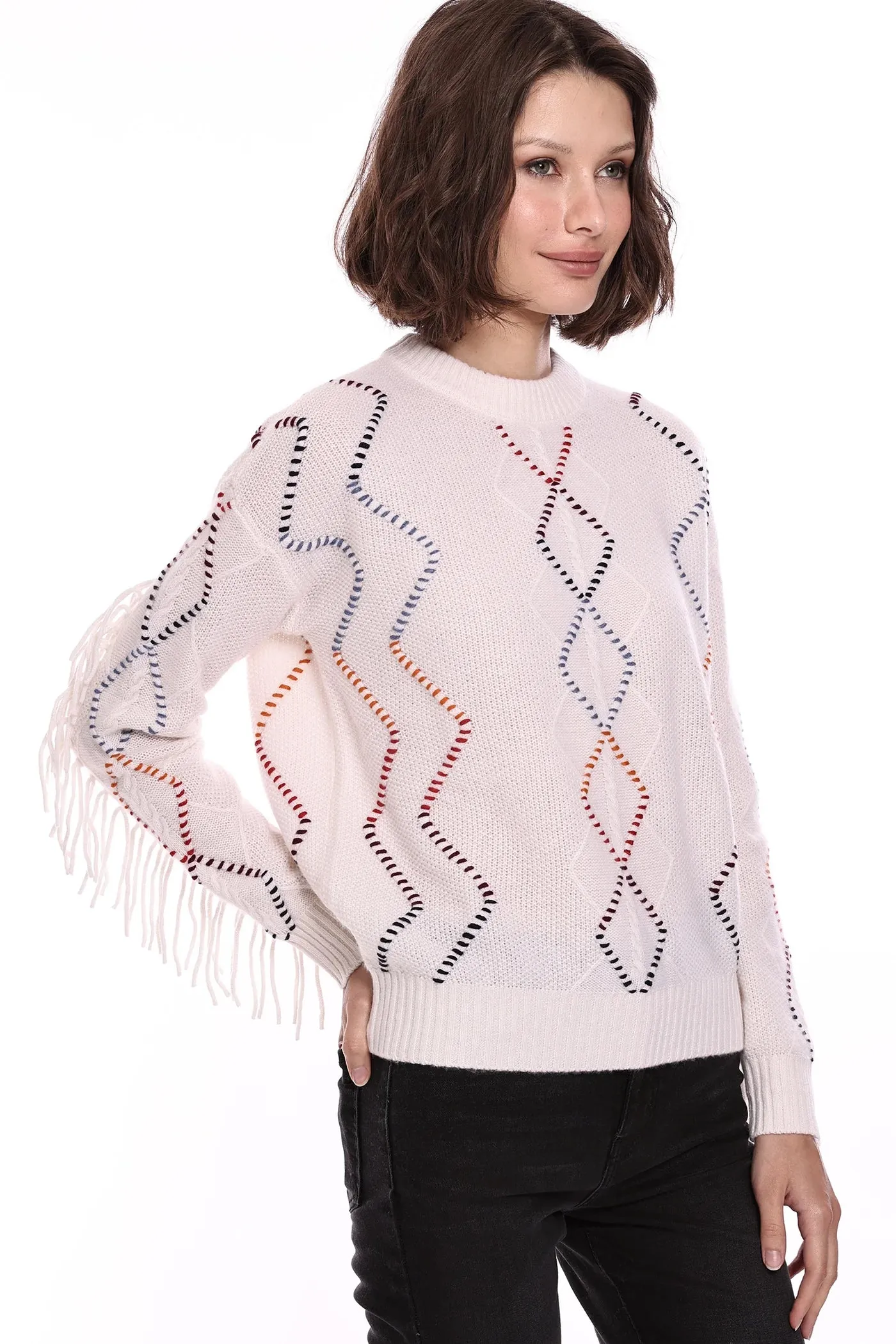 Corded Detail Fringe Pullover White Combo