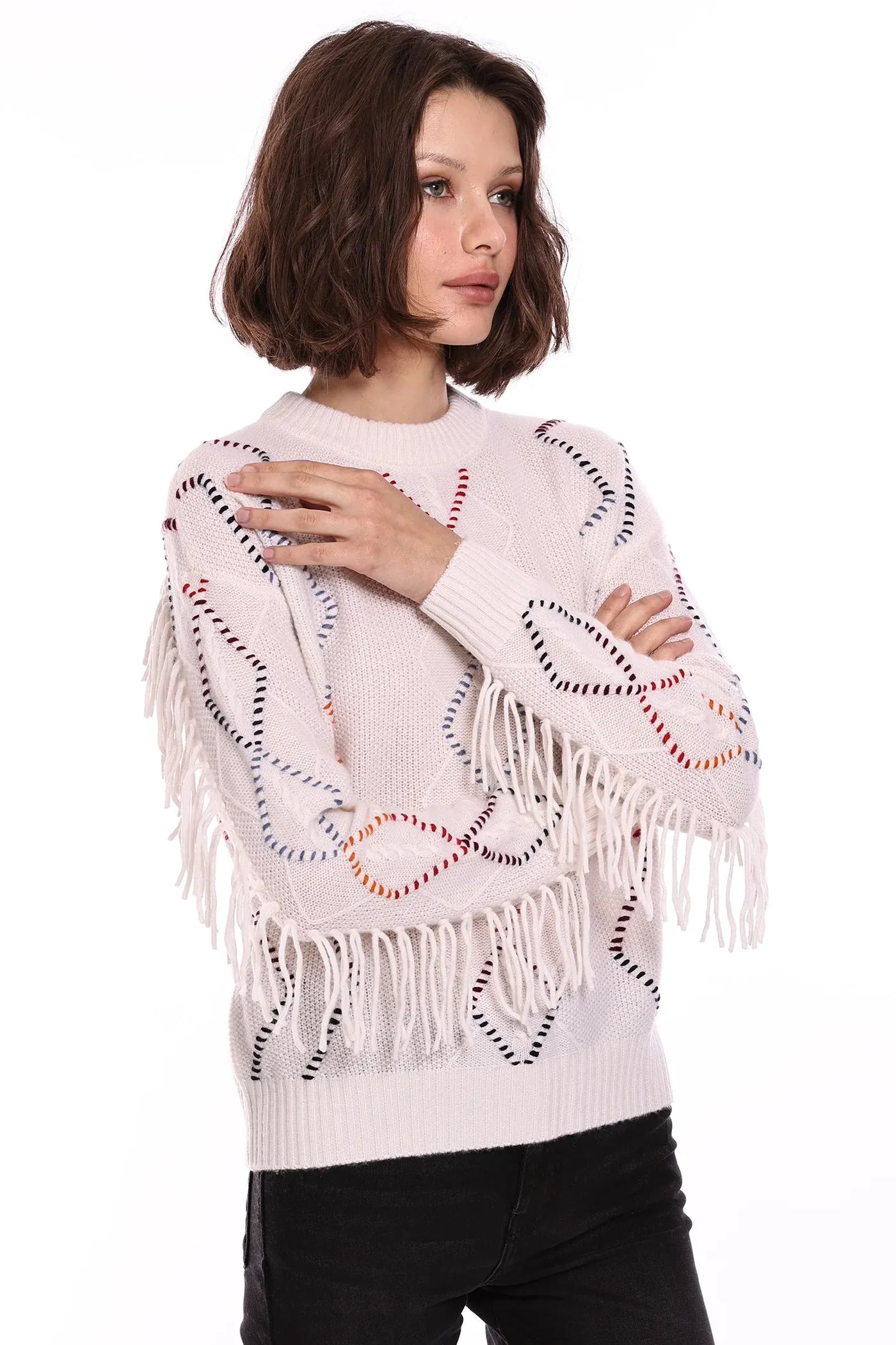 Corded Detail Fringe Pullover White Combo