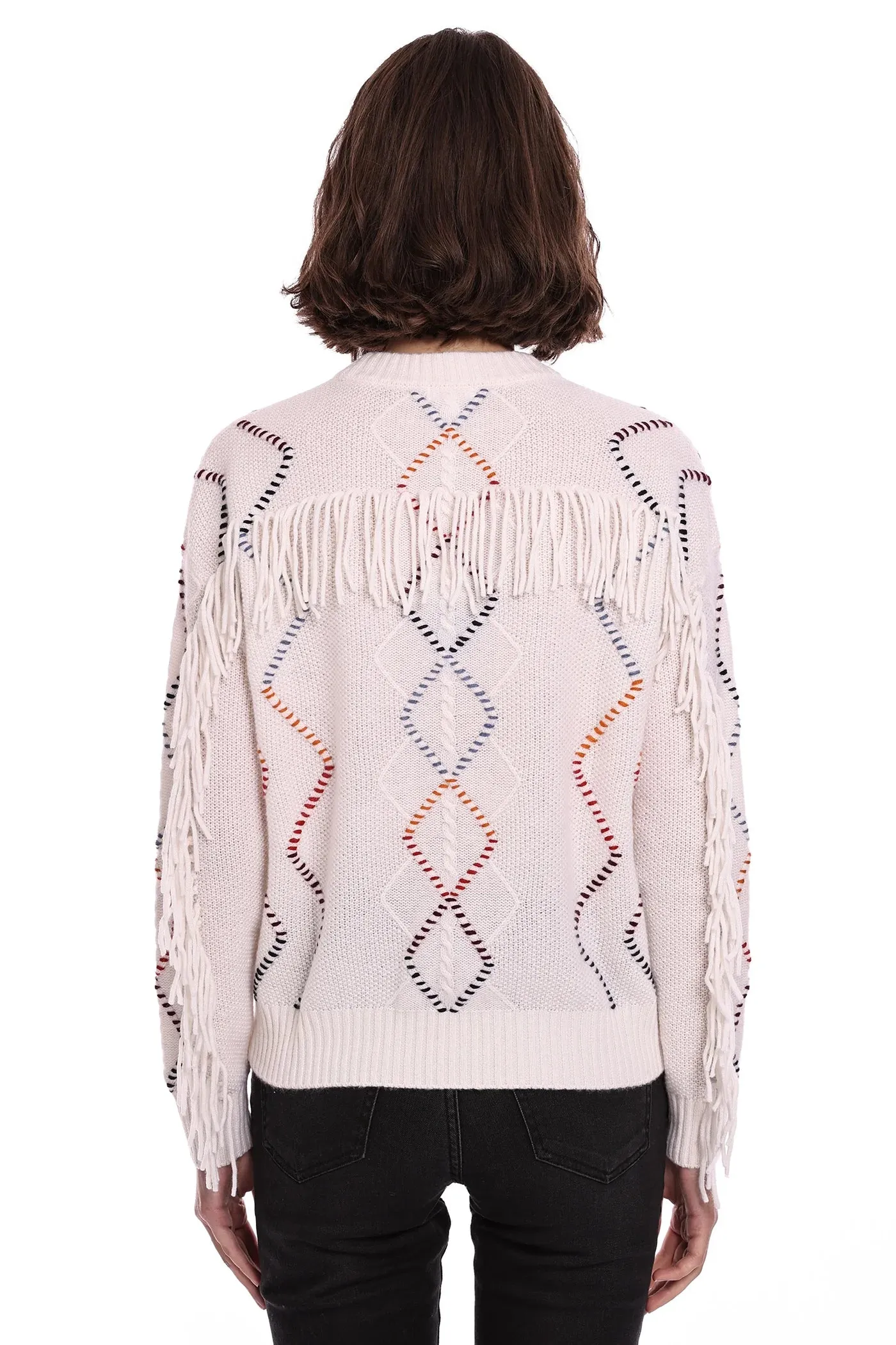 Corded Detail Fringe Pullover White Combo