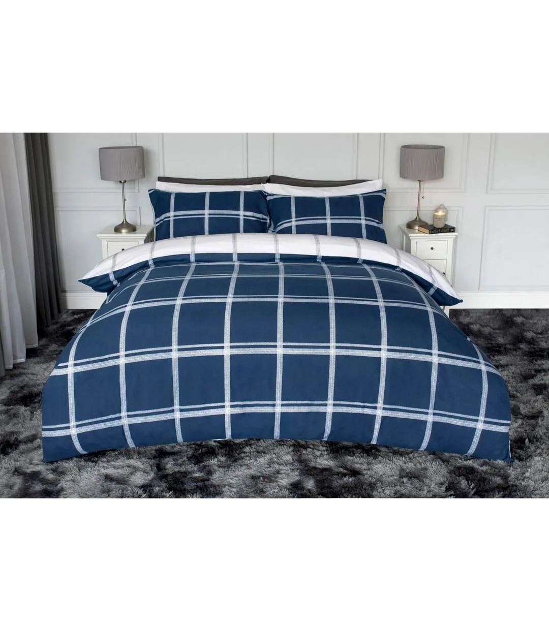 Dalton brushed cotton checked duvet cover set navy/white Belledorm