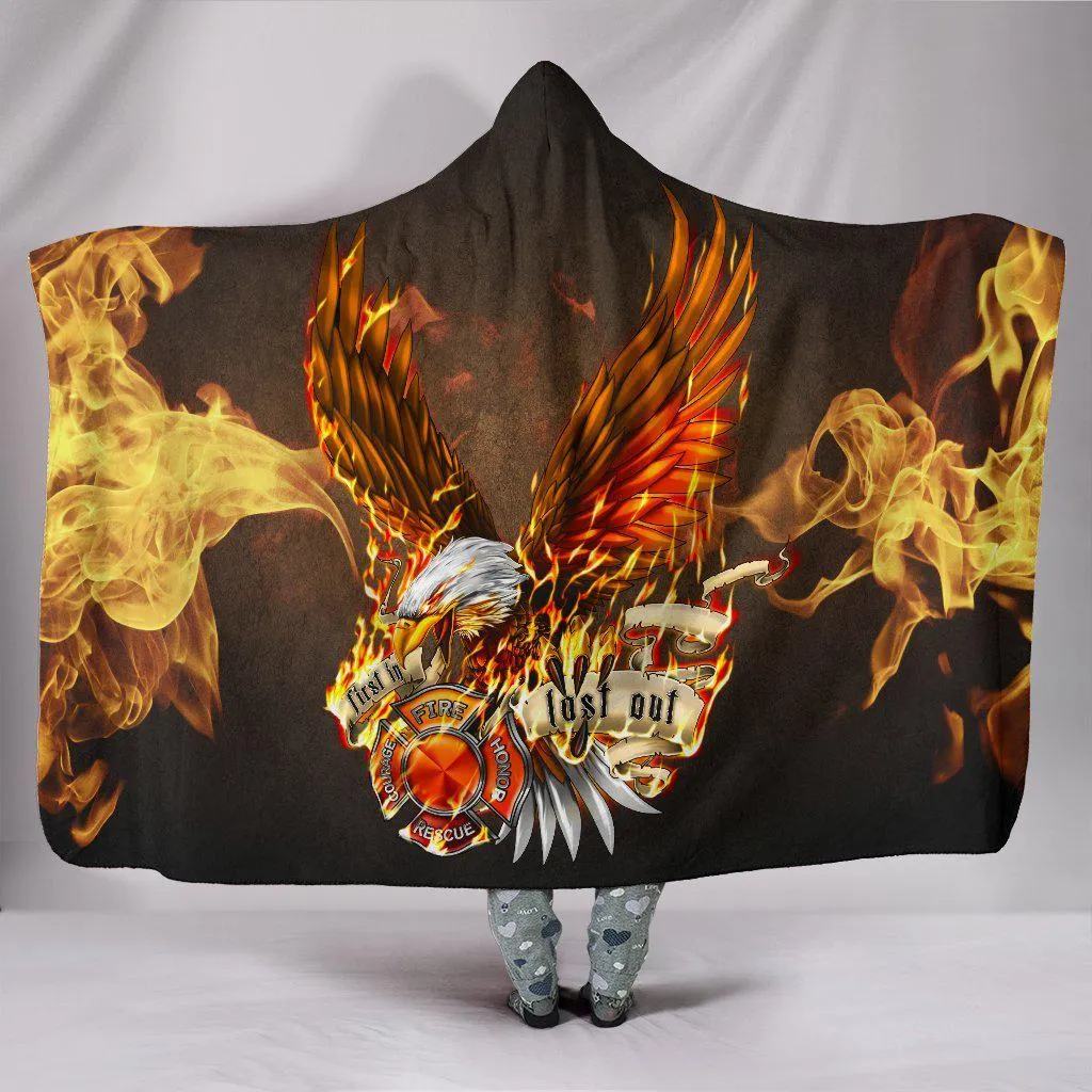 First In Last Out Firefighter Eagle Flames Hooded Blanket