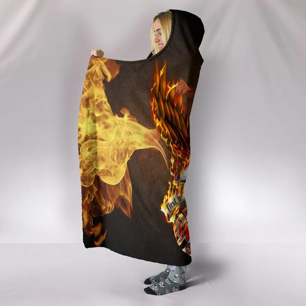 First In Last Out Firefighter Eagle Flames Hooded Blanket