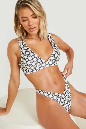 Floral Checkerboard Plunge Hipster Bikini Set