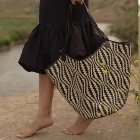 Freya Flow Woven Large Tote in Black & Ivory