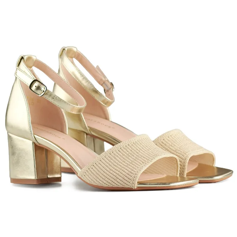 Gold women's low-heeled sandals with ankle fastening beige