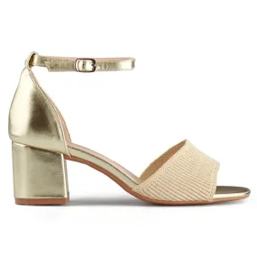 Gold women's low-heeled sandals with ankle fastening beige