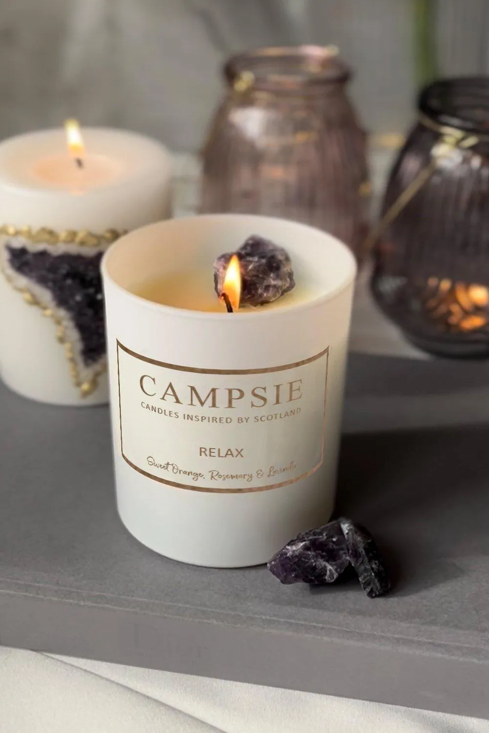 Home Fragrance | Amethyst - Relax Crystal Candle - Orange, Rosemary & Lavender | CAMPSIE Candles