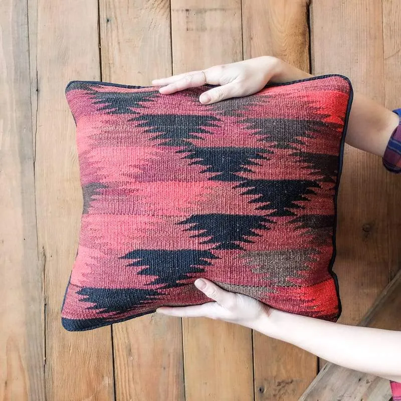 Kilim Pillow in Red, Mauve, Black and Charcoal