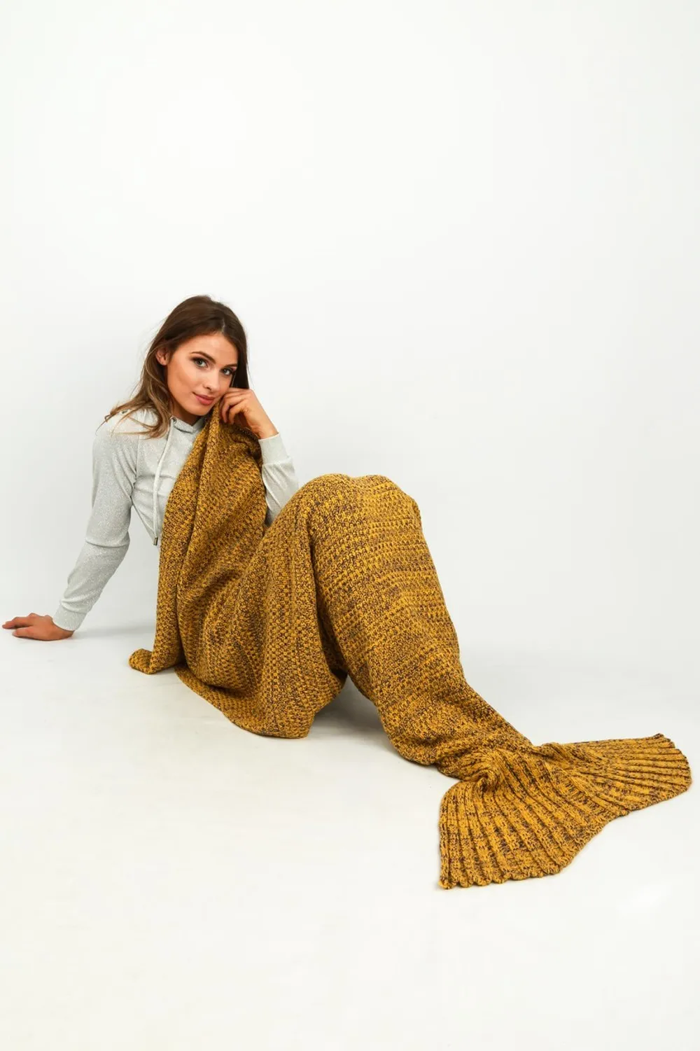 Knitted Mermaid Blanket In Mustard