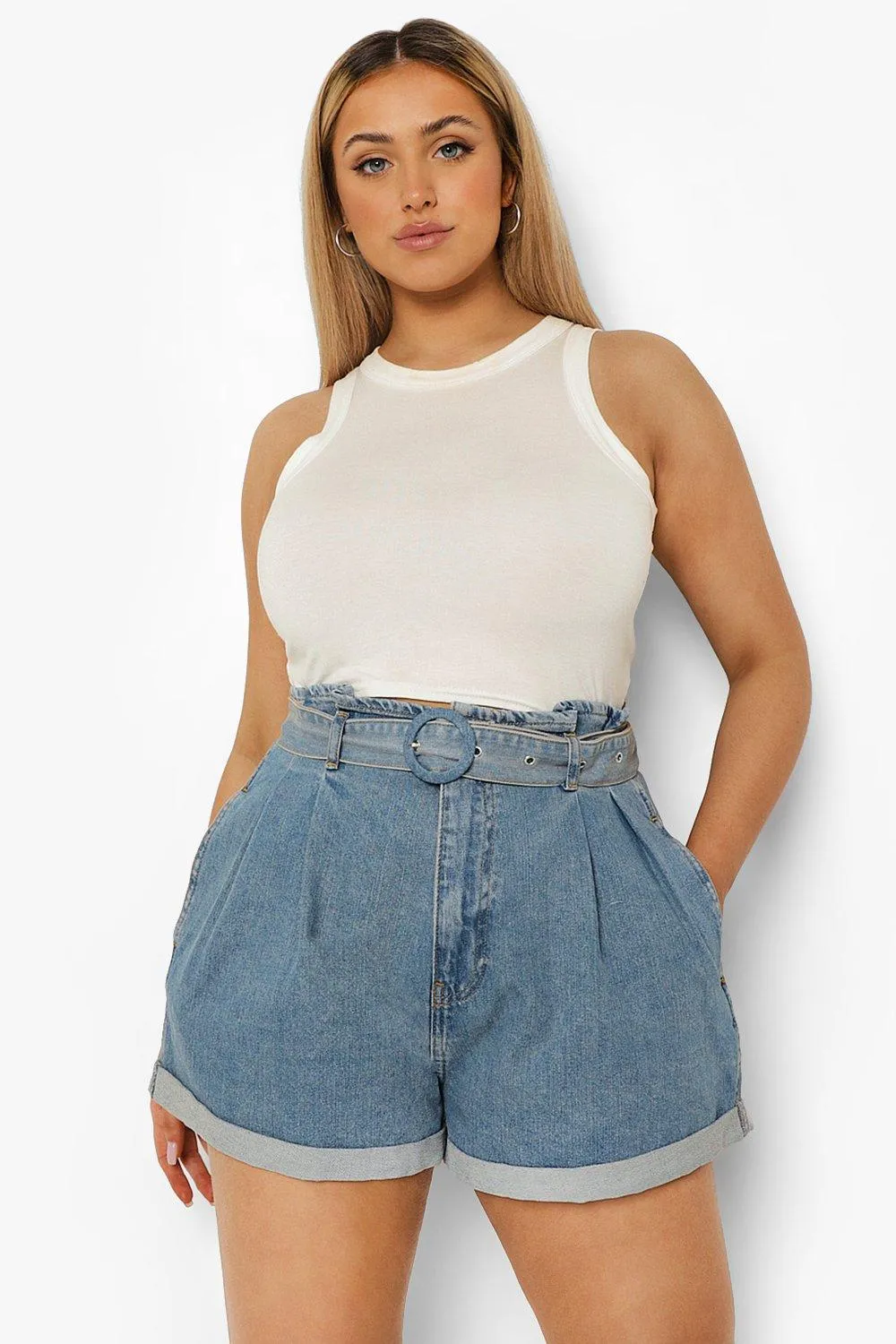 Plus Belted Paper Bag Jean Shorts