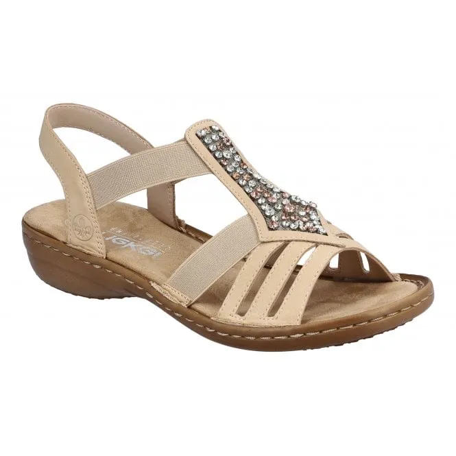 Rieker  Womens 60803-20 Tan Elasticated T-Bar Sandals