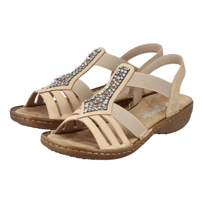 Rieker  Womens 60803-20 Tan Elasticated T-Bar Sandals