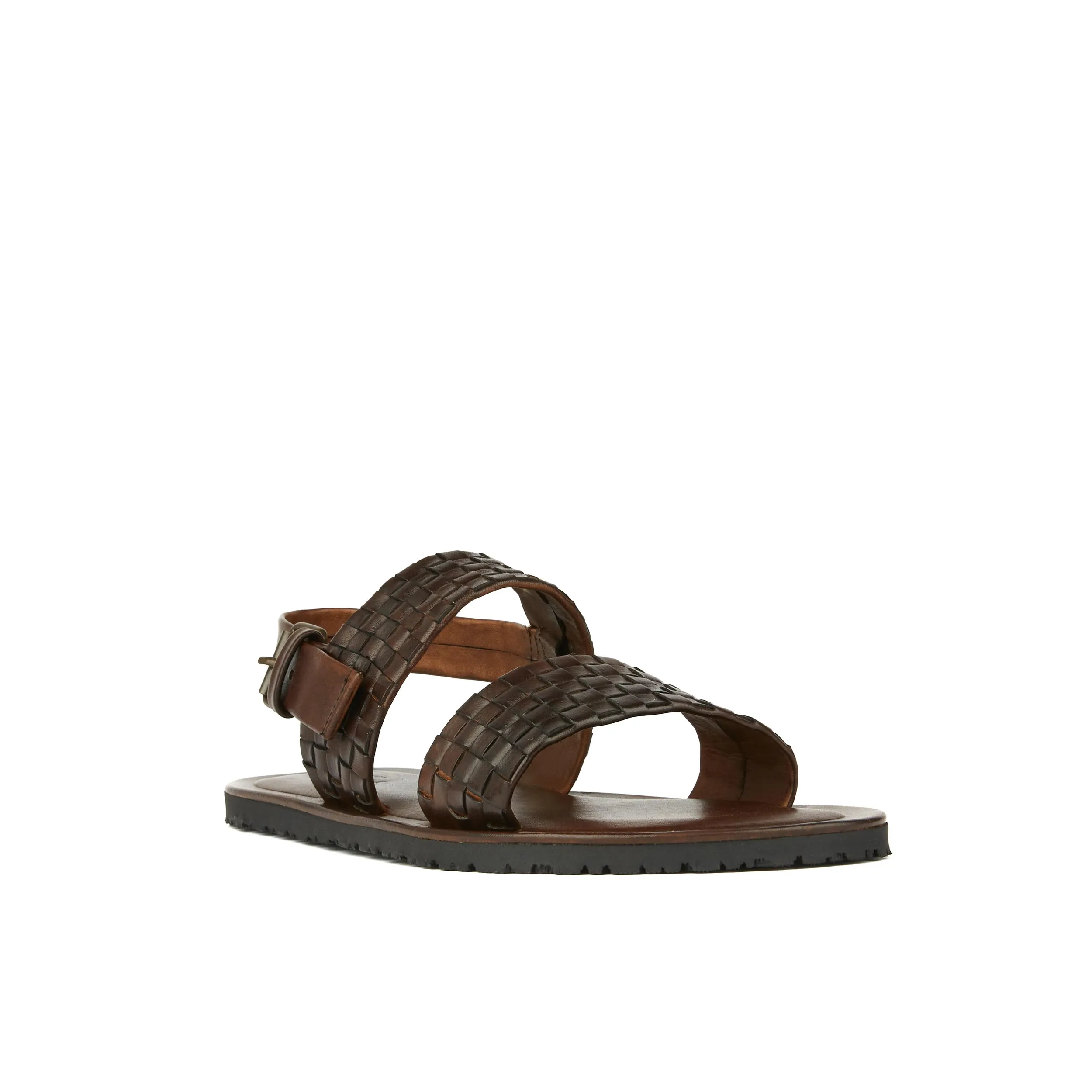 RIVIERA BROWN - Men's leather sandals with wide woven leather double straps