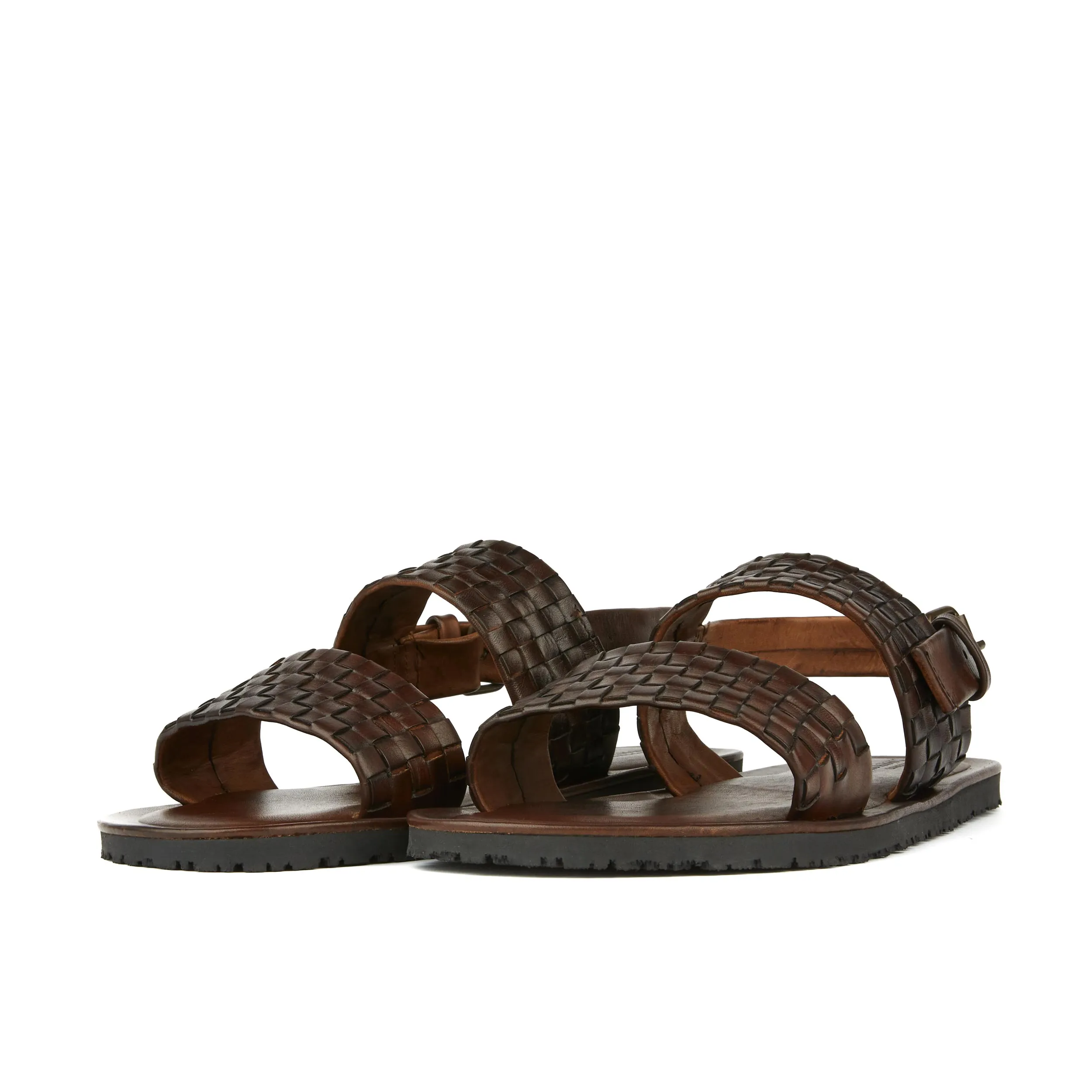 RIVIERA BROWN - Men's leather sandals with wide woven leather double straps