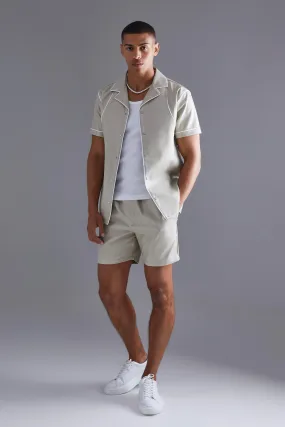 Short Sleeve Revere Piped Pu Shirt & Short Set | boohooMAN UK