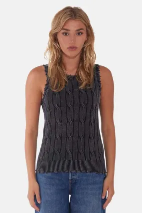 Stone Wash Distressed Cable Tank - Black