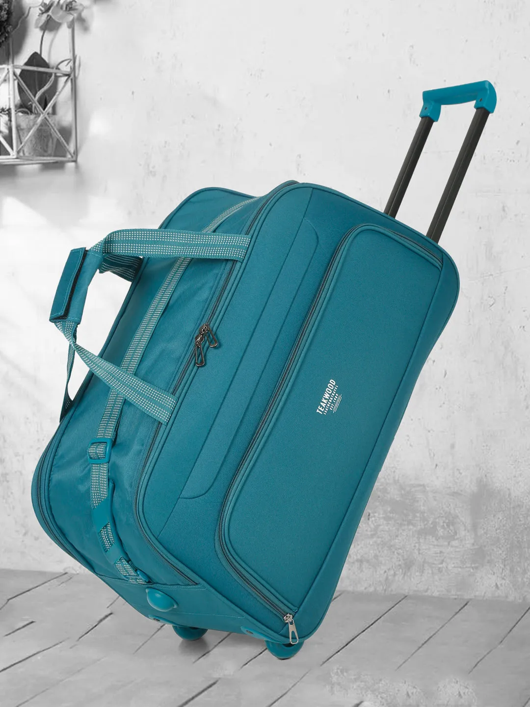 Teal Printed Large Duffle Trolley Bag