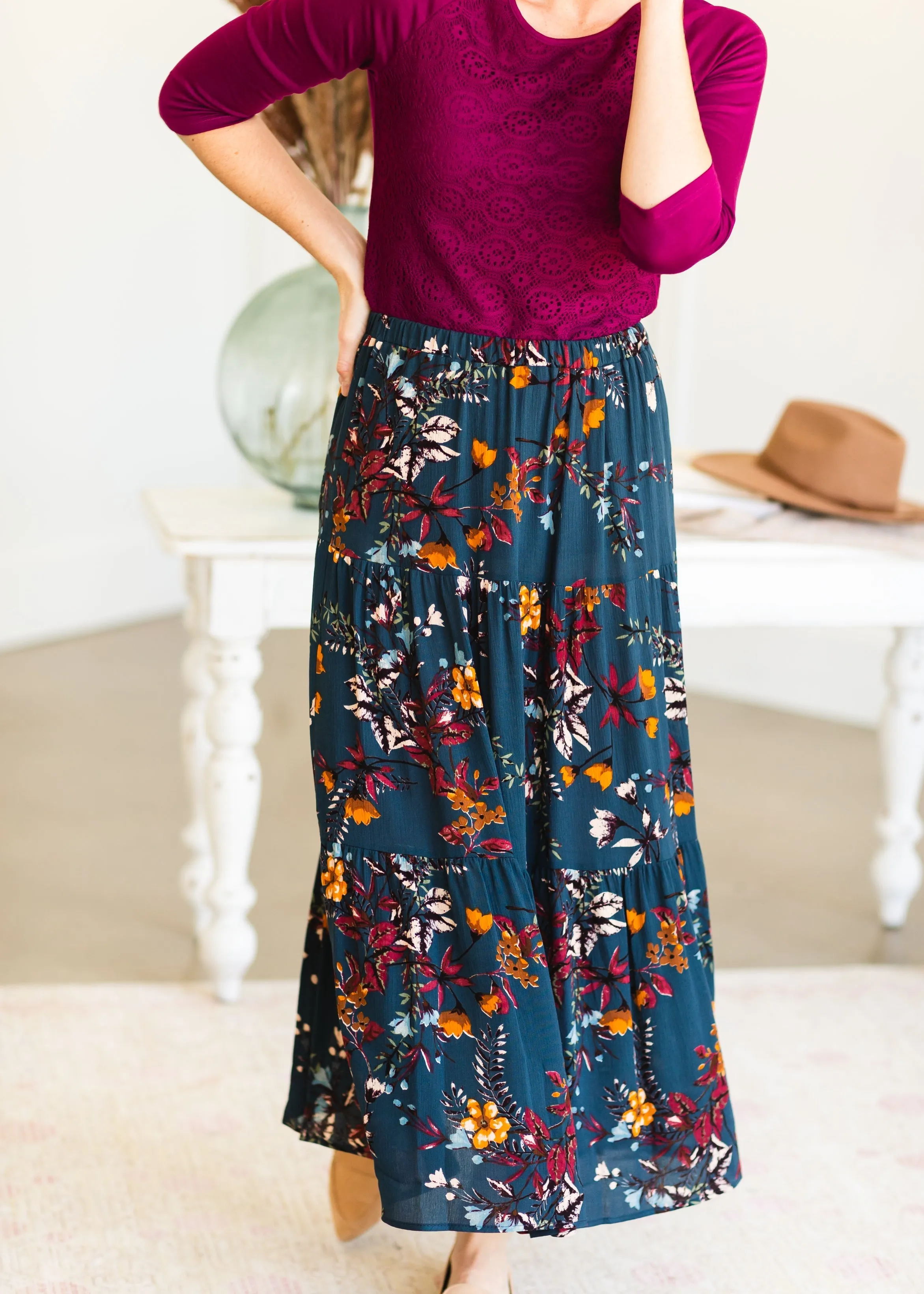 Teal Tiered Floral Skirt