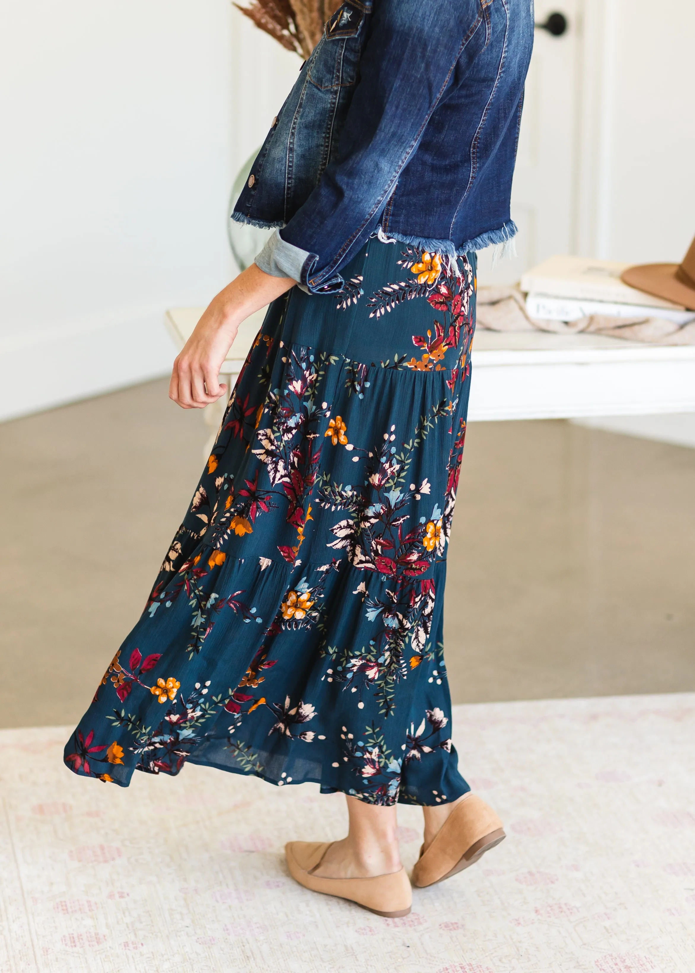 Teal Tiered Floral Skirt