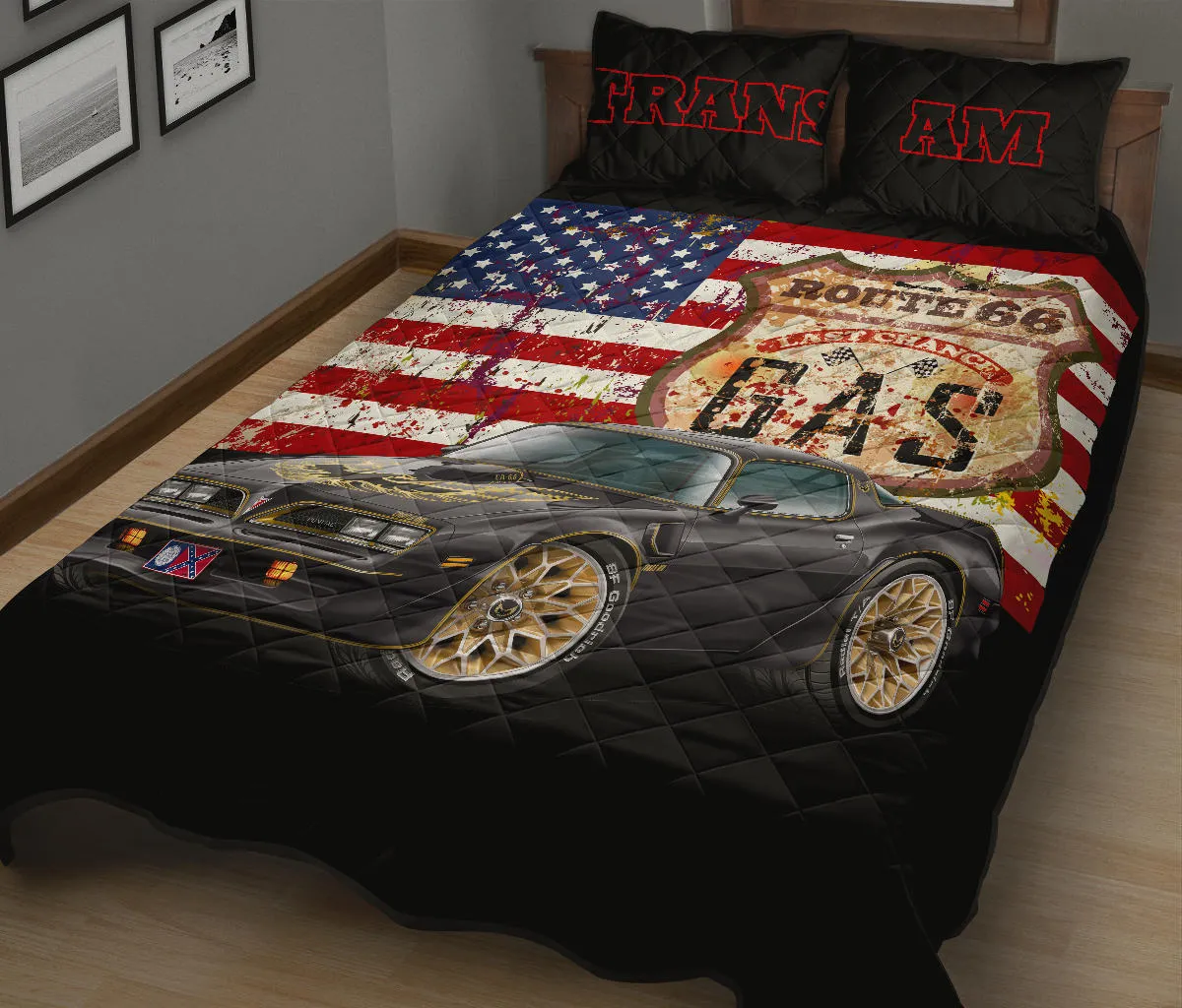 Trans Am American Flag Route 66 Muscle Car Art Quilt Set