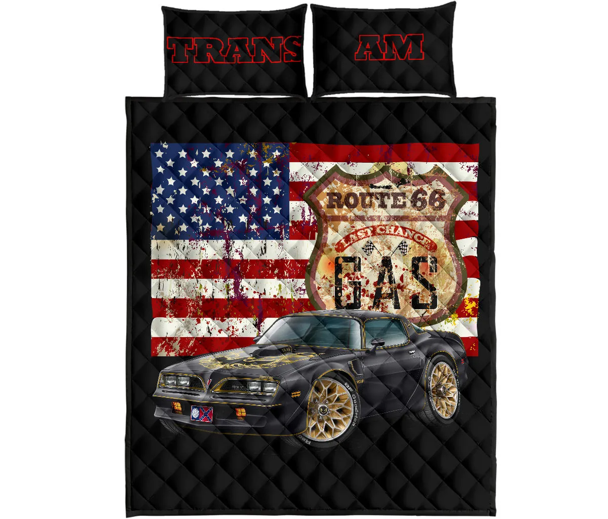 Trans Am American Flag Route 66 Muscle Car Art Quilt Set