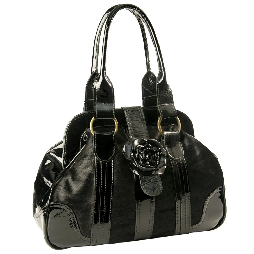 Womens Luxury Ponyskin Rose Black Buckle Leather Tote Handbag