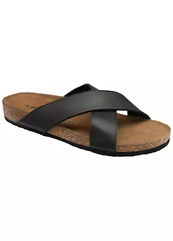 Zayn Cross Strap Black Leather Footbed Sandals by Dunlop | Look Again