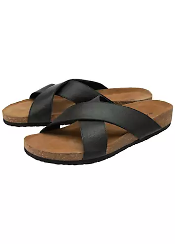 Zayn Cross Strap Black Leather Footbed Sandals by Dunlop | Look Again